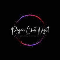 Black background with a blue & red circle around the words Pagan Chat Night in fancy handwritten font. attribution: Lovely Realms Enterprises