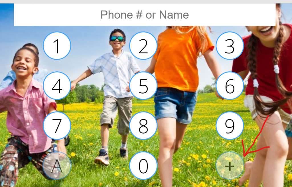 a background of kids running through a field, with a numeric input pad superimposed. The + is in the lower right corner.