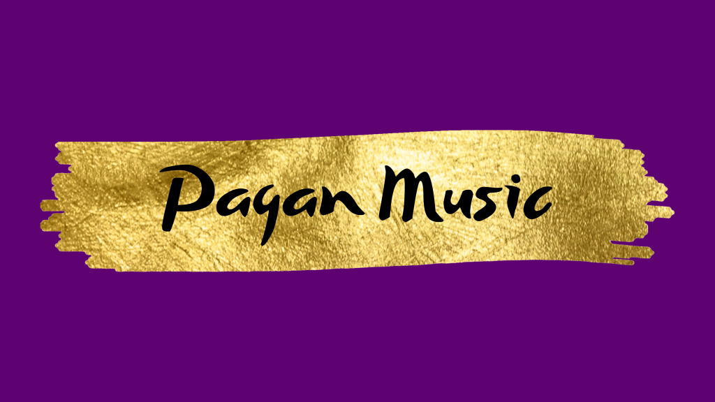 gold foil on a purple background. Black text: Pagan Music