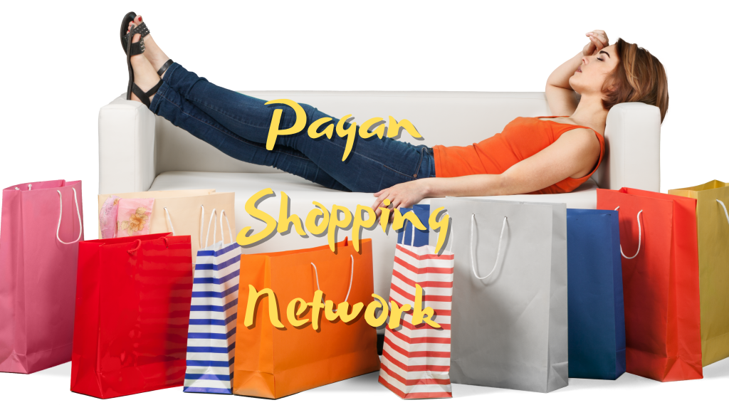 A woman in sandals, jeans, and an orange tank top laying on a beige couch, with many different colored shopping bags. Yellow text: Pagan Shopping Network