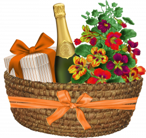 gift basket with wrapped gift, flowers, and a bottle of champaign.