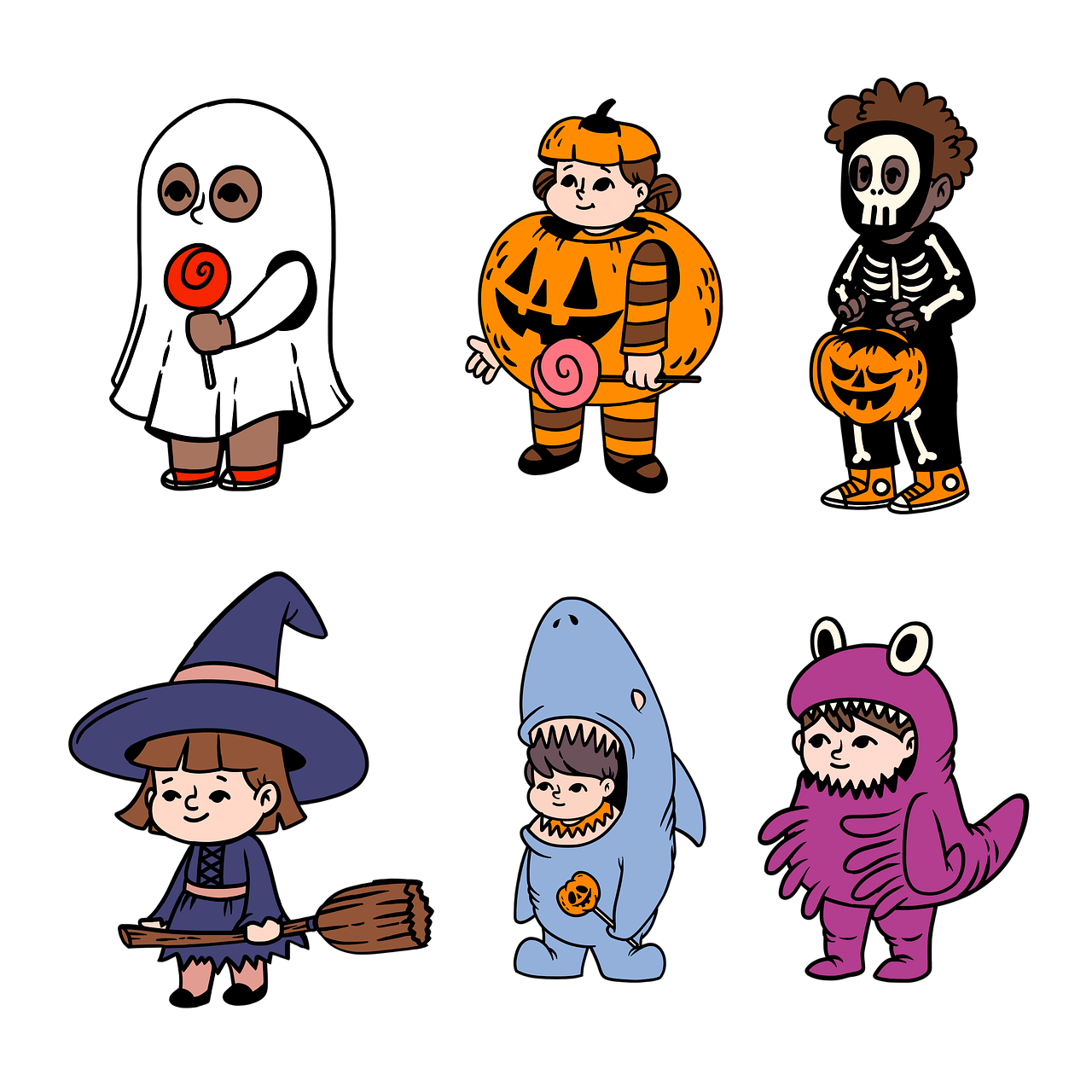 children in halloween costumes - ghost, jack-o-lantern, skeleton, witch, shark, and a dinosaur-like monster