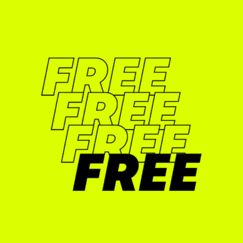 Bright yellow background. The word FREE is outlined three times, overlapped, and the 4th FREE is in black block letters