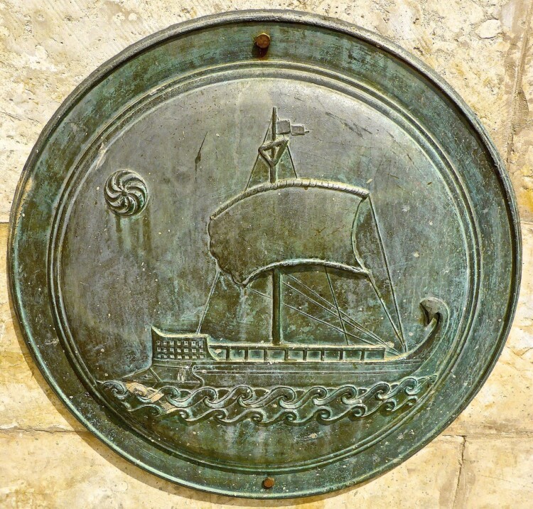 bronze Roman plaque with an ancient Roman ship